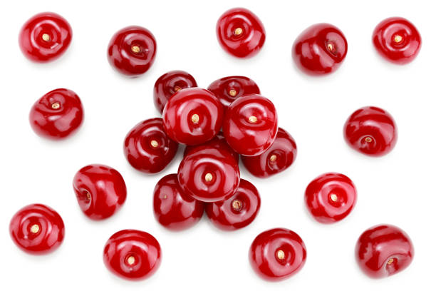 istock red cherry isolated on white background. Top view. clipping path 1332162900
