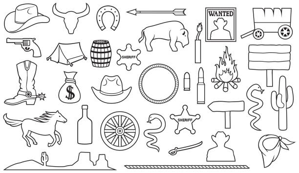 illustrazioni stock, clip art, cartoni animati e icone di tendenza di icone della linea sottile del cowboy - horseshoe cowboy fire cowboy hat