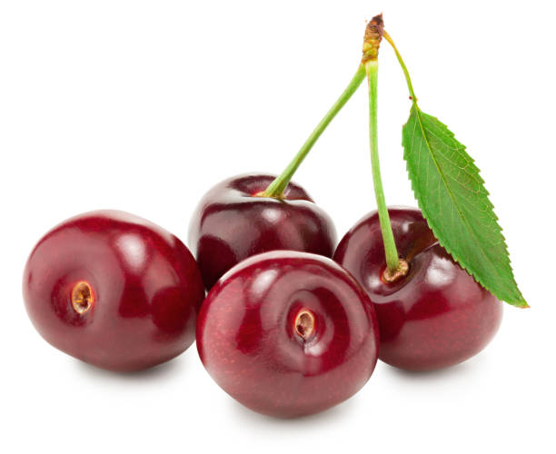 istock red cherry fruits with green leaf isolated on white background. clipping path 1332162969
