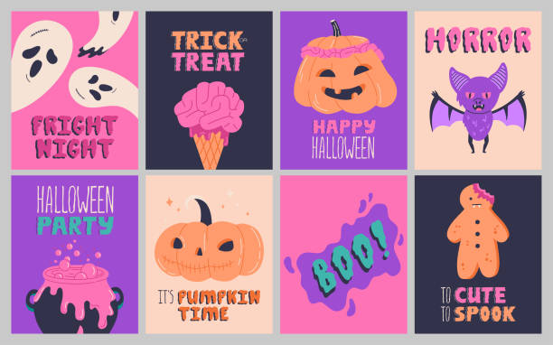 Halloween party posters, invitation or greeting cards collection Halloween party posters, invitation or greeting cards collection with handwritten calligraphy lettering set. Funny hand drawn traditional October holiday symbols. Phrases and quotes vector templates cute horror stock illustrations