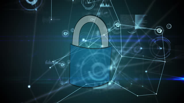 Digital animation of network of connections over security padlock icon on blue background