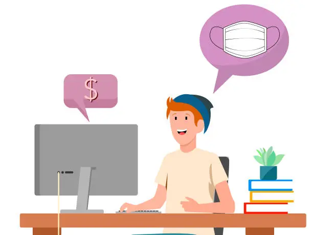Vector illustration of Young man who is thinking of buying a face mask online to protect himself from coronavirus, he is sitting in a chair and at his desk, with a flat screen computer, in a small work studio