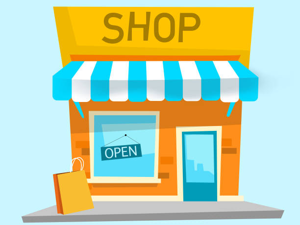 Drawing of physical store on a blue background Drawing of physical store on a blue background tienda stock illustrations