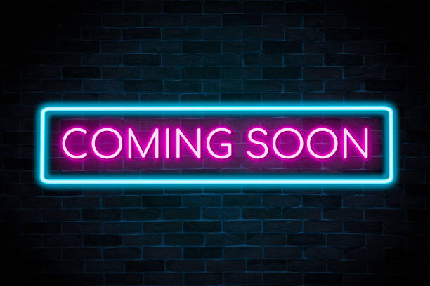 Coming soon neon sign the banner, shining light signboard collection. Neon banner coming soon sign stock pictures, royalty-free photos & images