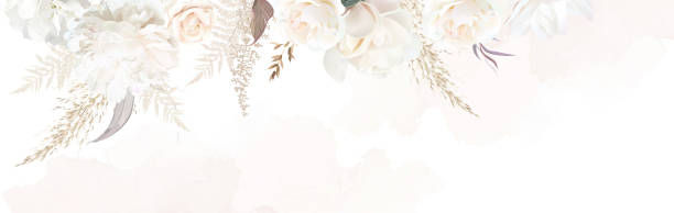 Luxurious beige and brown trendy vector design banner frame Luxurious beige and brown trendy vector design banner frame. Pastel pampas grass, fern, white rose, peony, flowers. Watercolor brush texture. Wedding card decoration.Elements are isolated and editable boho background stock illustrations