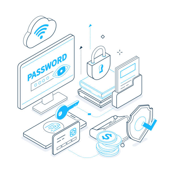 Internet security - black and blue isometric line illustration Internet security - black and blue isometric line illustration. Personal data protection and antivirus idea. Password entering, software bag, alarm system, credit card, security, virus removal coin outline stock illustrations