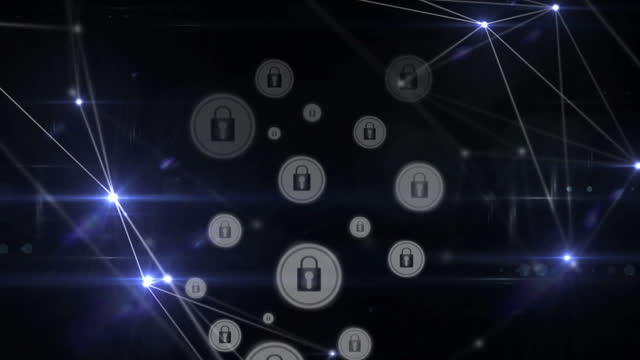 Digital animation of network of connections over multiple security padlock icons on blue background