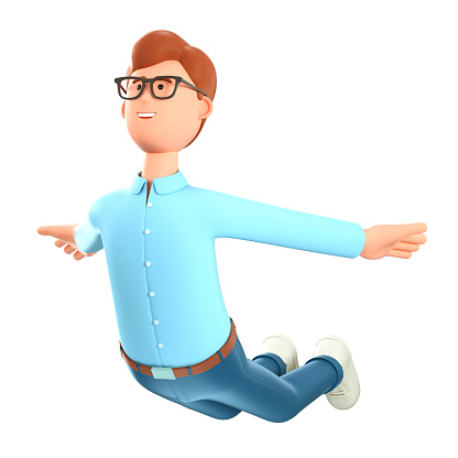 3D illustration of cute smiling man flying in air like a plane. Cartoon falling happy businessman, cheerful freelancer celebrating success. Euphoric feeling character, isolated on white background.