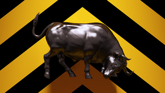 Black Bull Strong Muscular with Yellow an Black Chevron Background 3d illustration render