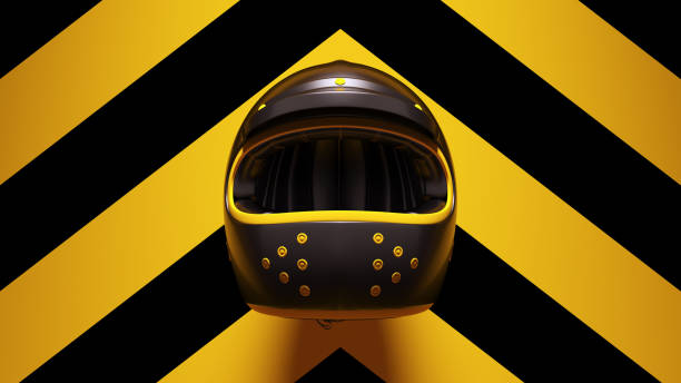 istock Yellow Black Motorcycle Helmet with Yellow an Black Chevron Background 1332170842