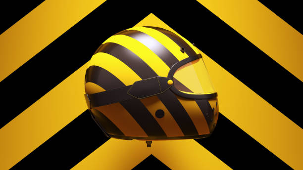 istock Yellow Black Motorcycle Helmet with Yellow an Black Chevron Background 1332170909