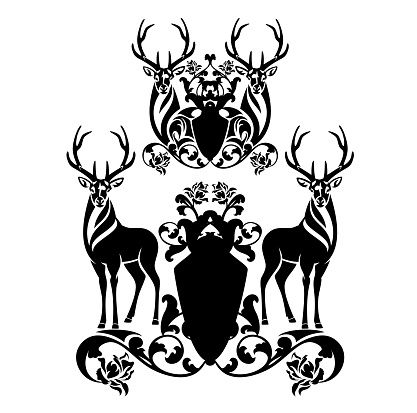 pair of deer stags with large antlers and heraldic shield decorated with rose flowers - antique style coat of arms black and white vector design set