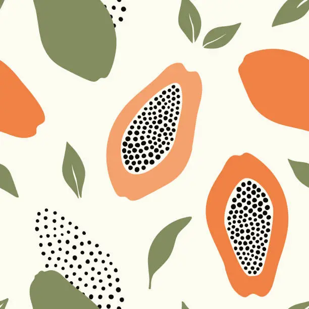 Vector illustration of Hand drawn abstract seamless pattern with papaya and leaves. Stock vector template.