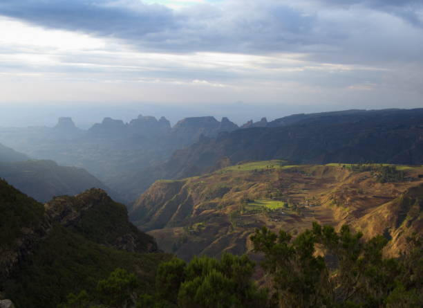 Landscape portrait of beautiful highlands in Simien Mountains, Ethiopia. stock photo