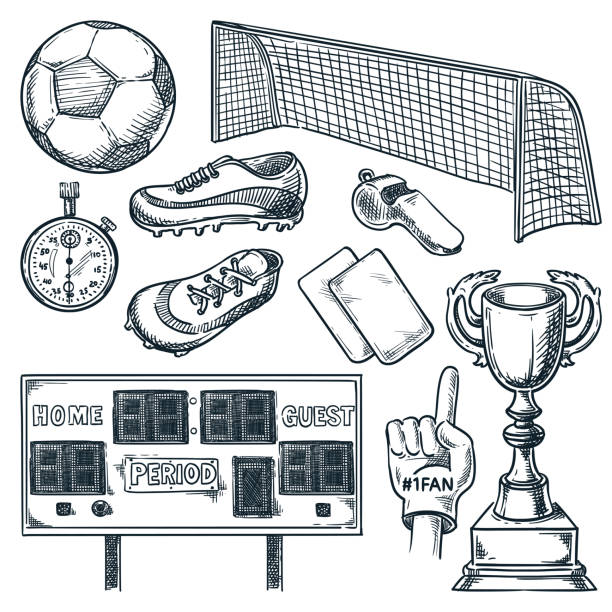 fußball sportgeräte. vektor handgezeichnete skizzenillustration. fußball, anzeigetafel, tor und pokal - goal scoreboard soccer soccer ball stock-grafiken, -clipart, -cartoons und -symbole