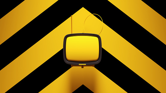 Yellow Black Traditional Retro Television TV with Yellow an Black Chevron Pattern Background 3d illustration render