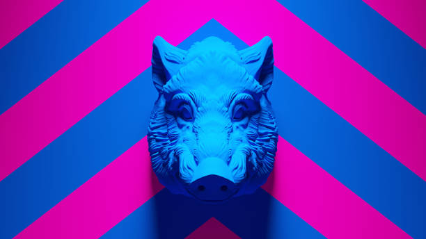 Blue Warthog Mounted Bust with Blue an Pink Chevron Background