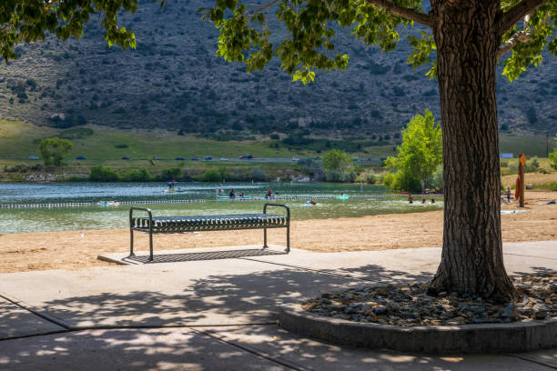 Empty bench and tree on Soda lake, Littleton Empty bench and tree on Soda lake, Littleton, Colorado littleton colorado stock pictures, royalty-free photos & images