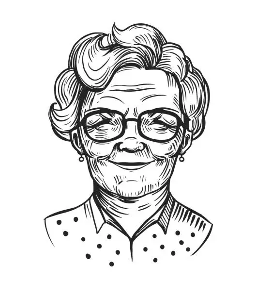 Vector illustration of Portrait of an old woman, pensioner. Grandma. Hand drawn vector sketch illustration