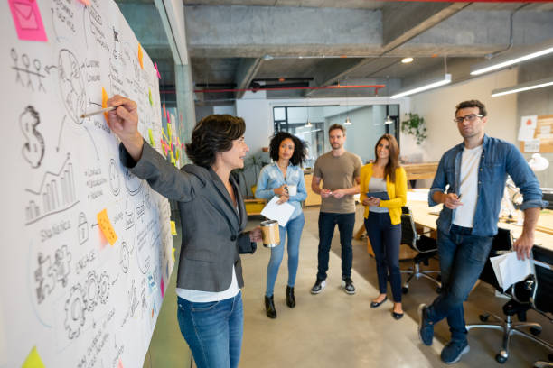 Woman making a business presentation at a creative office Latin American woman making a business presentation in a meeting at a creative office and pointing to her team her business plan breaking the ice stock pictures, royalty-free photos & images