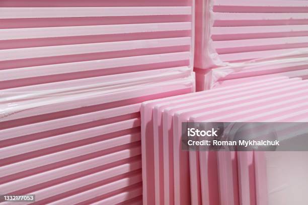 Pink Extruded Polystyrene Xps Foam Thermal Insulation Boards Stacked In Construction Site High Density Water Absorption Eco Energy Saving Technology Stock Photo - Download Image Now