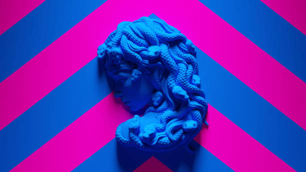 istock Blue Medusa Mythological Female Gorgon Mounted Bust with Blue an Pink Chevron Pattern Background 1332178069
