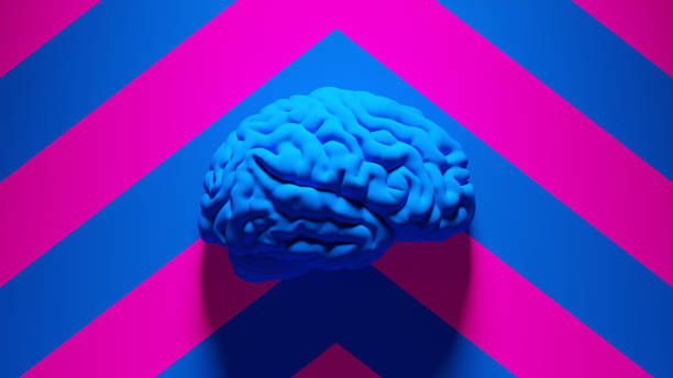 cervello umano blu con sfondo blu e motivo chevron rosa - neuroscienza foto e immagini stock