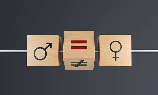 Male and female symbols on wooden blocks and inequality sign changing to equality sign. (3d render)