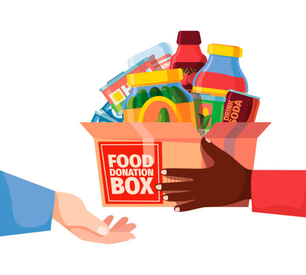 ilustrações de stock, clip art, desenhos animados e ícones de donation box. food packages and grocery containers donation volunteers community help campaign canned products garish vector illustrations - food donation box groceries canned food