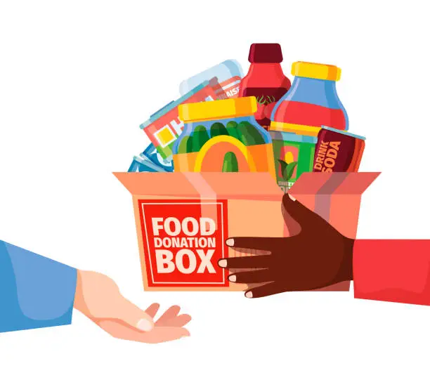 Vector illustration of Donation box. Food packages and grocery containers donation volunteers community help campaign canned products garish vector illustrations