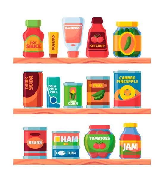 Vector illustration of Grocery food. Supermarket canned product on shelves packages and jars with soup meal conserved fruits liquid goods garish vector cartoon pictures