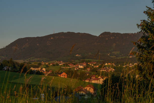 Semriach village with Schockl hill over in sunset sunny evening