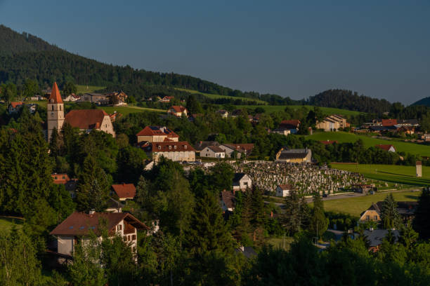 Semriach village with Schockl hill over in sunset sunny evening