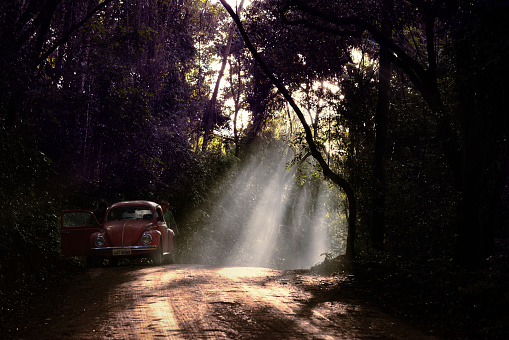 Fantastic scene with indirect light on the side of the Beetle. Two fishermen were collecting bamboo in the forest to make some fishing rods. You can see them in the scene putting their stuff into the car. Pico do Gaviao, Brazil, 2021