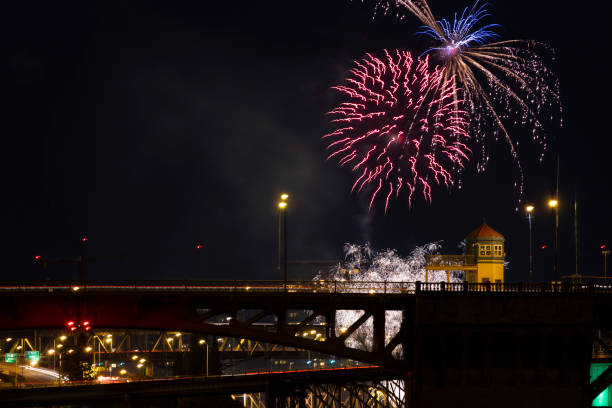 istock Fireworks over Bridge in Portland, Oregon Night Long Exposure 1332188032