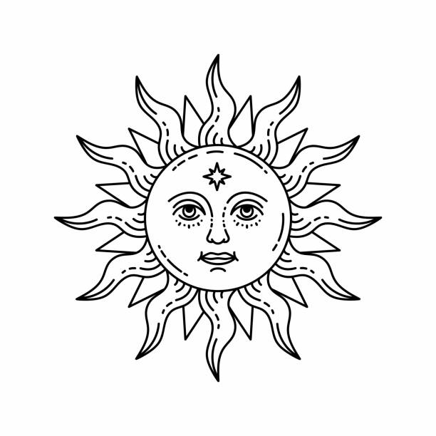 Celestial illustration of sun with face and opened eyes, stylized drawing, tarot card. Celestial illustration of sun with face and opened eyes, stylized drawing, tarot card. Mystical element for design, logo, tattoo. Vector illustration isolated on white background. Bohemian illustration sun tattoos stock illustrations