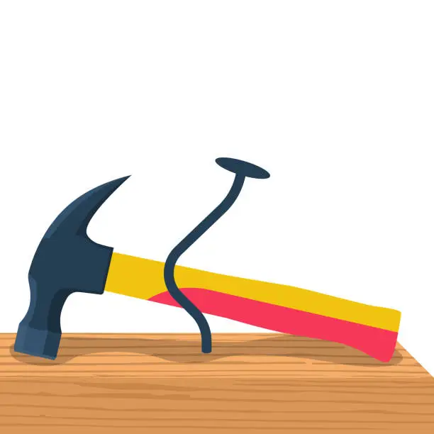 Vector illustration of Bent nail and hammer. Wooden plate with nail.