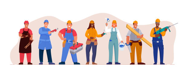 команда профессиональных технических работников вместе - mechanic plumber repairman repairing stock illustrations