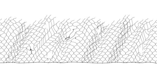 Black fisherman rope net vector seamless texture on white Black fisherman rope net tied hunting grid, fish fiber trap. Outline rope web seamless pattern, mesh texture surface fishing equipment vector illustration isolated on white background catching illustrations stock illustrations