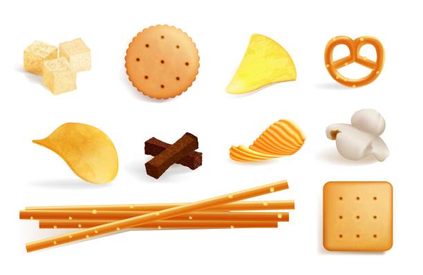 ilustrações de stock, clip art, desenhos animados e ícones de cracker cookie, chips, crouton and candy snack set - cracker