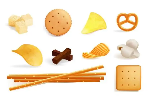 Vector illustration of Cracker cookie, chips, crouton and candy snack set