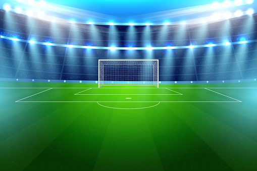 Realistic soccer bright stadium for football team game match. Illuminated competition sport arena with shiny spotlight and green grass at night advertising poser template vector illustration