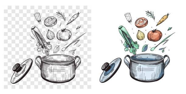 Vegetables fall into the pot. Soup cooking. Vector illustration Vegetables fall into the pot. Soup cooking. Vector illustration tureen stock illustrations