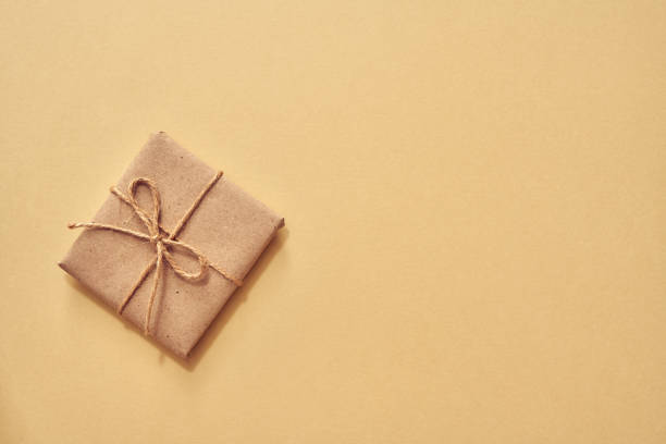 istock Christmas present wrapped in ecological recycled paper on pastel background 1332193544