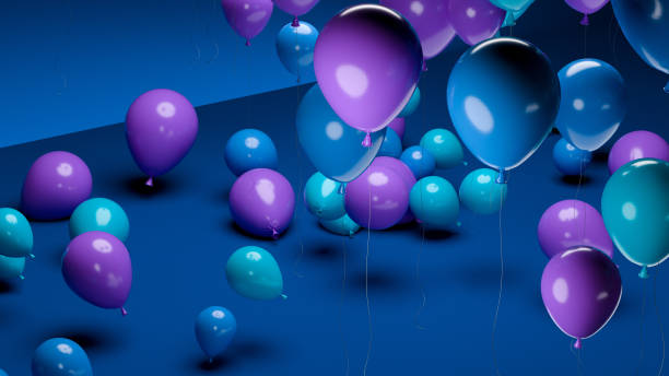 istock Batch Of Blank Violet and Blue Balloons on Blue Background. Empty Space. Copy Space. 3d rendering 1332193924