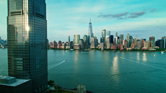 Drone Flight from Jersey City Waterfront Towards Lower Manhattan