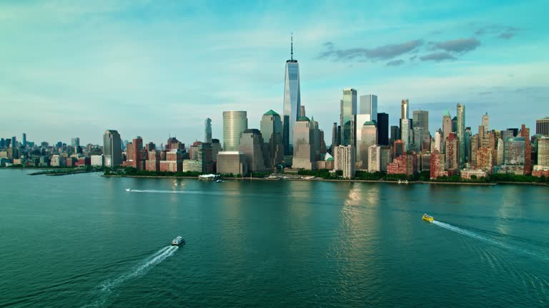 Drone shot of Lower Manhattan from across the Hudson River.