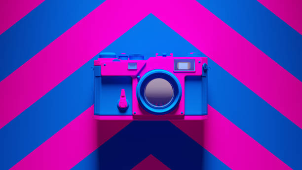 istock Blue Pink Traditional Classic Retro Camera with Blue an Pink Chevron Pattern Background 1332196723