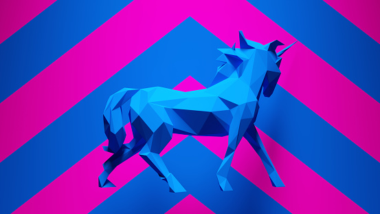 Blue Unicorn Horse made out of triangles with Blue an Pink Chevron Pattern Background 3d illustration render