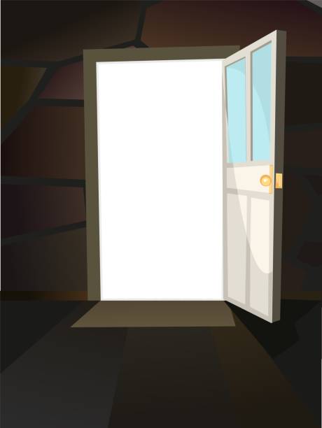 istock Opened door. Simple and flat style. Inside view from dark room of house. stone wall. Open. Cartoon cute fairy tale design. Image background. Vector 1332197997